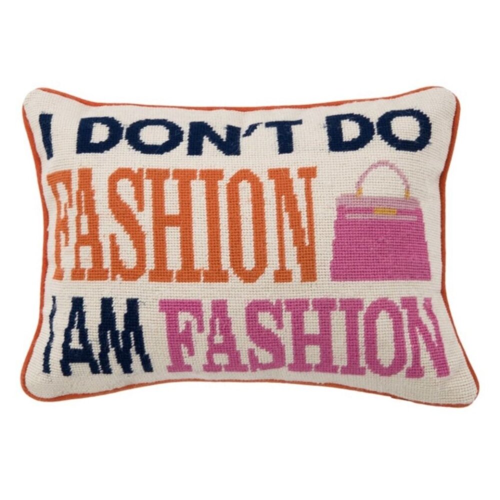 SO RARE Jonathan Adler Pillow "I DON'T DO FASHION, I AM FASHION" Needlepoint